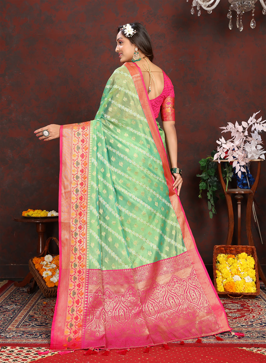 Lorenvalley Fashion Green Organza Silk Woven Design with Rich Meenakari Weaving Pallu Saree | Grocsy