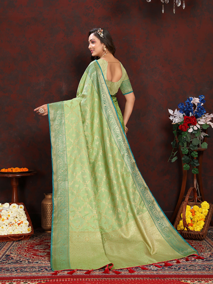Lorenvalley Fashion Green Soft Katan Silk Woven Design Zari Weaving Pallu Saree | Grocsy