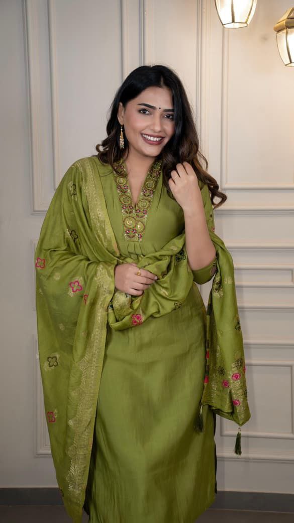Lorenvalley Fashion Green Roman Silk Embroidery Sequence Work Kurta Pant with Dupatta | Grocsy