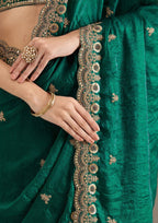 Lorenvalley Fashion Green Fendy Satin with Embroidery Double Sequence Work Saree with Blouse | Grocsy