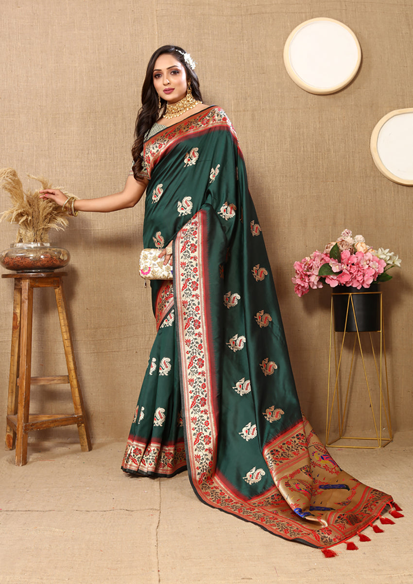 Lorenvalley Fashion Green Soft Paithani Silk Woven Design Rich Meenakari Zari Weaving Pallu Saree | Grocsy