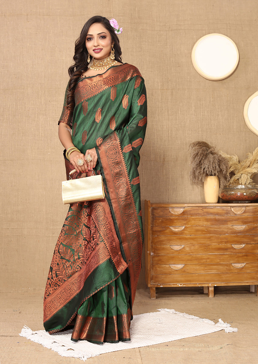Lorenvalley Fashion Green Soft Katan Silk Woven Design Copper Zari Weaving Saree | Grocsy