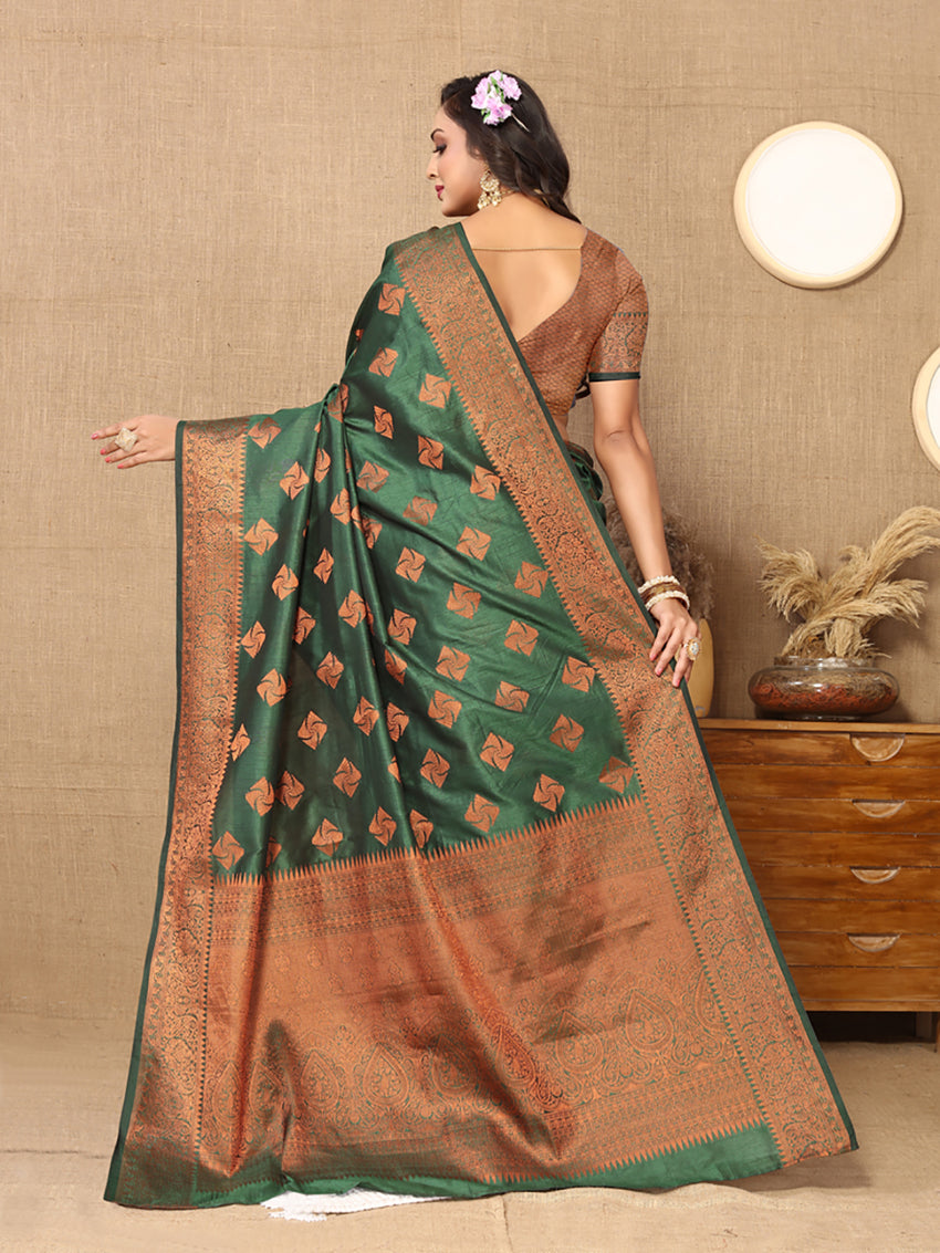 Lorenvalley Fashion Green Soft Katan Silk Woven Design Copper Zari Weaving Saree | Grocsy