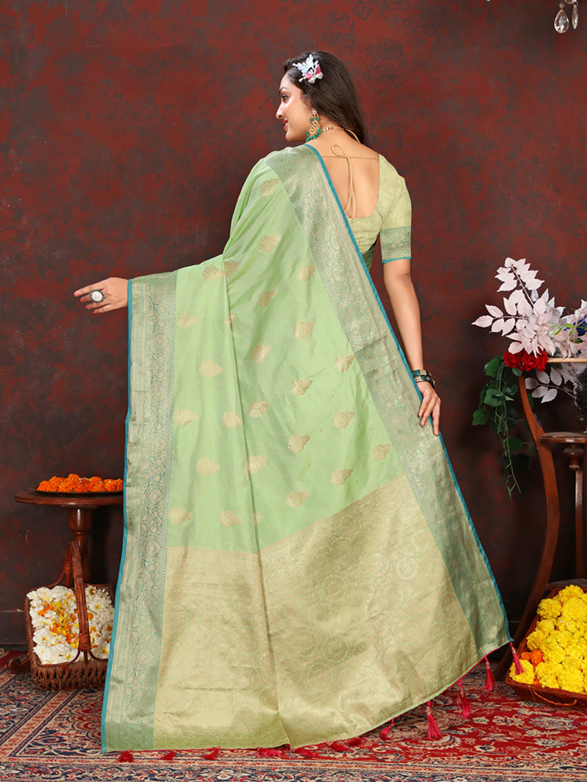 Lorenvalley Fashion Green Soft Katan Silk Woven Design Zari Weaving Pallu Saree | Grocsy