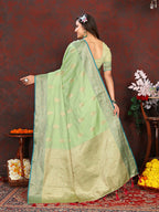 Lorenvalley Fashion Green Soft Katan Silk Woven Design Zari Weaving Pallu Saree | Grocsy
