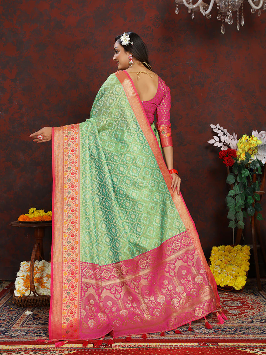 Lorenvalley Fashion Green Organza Silk Woven Design with Rich Meenakari Weaving Pallu Saree | Grocsy