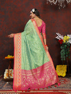 Lorenvalley Fashion Green Organza Silk Woven Design with Rich Meenakari Weaving Pallu Saree | Grocsy