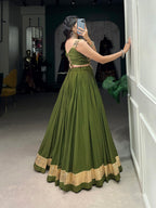 Lorenvalley Pure Rayon Green Plain With Embossed Design Lace Touch Up Lehenga Choli | Grocsy