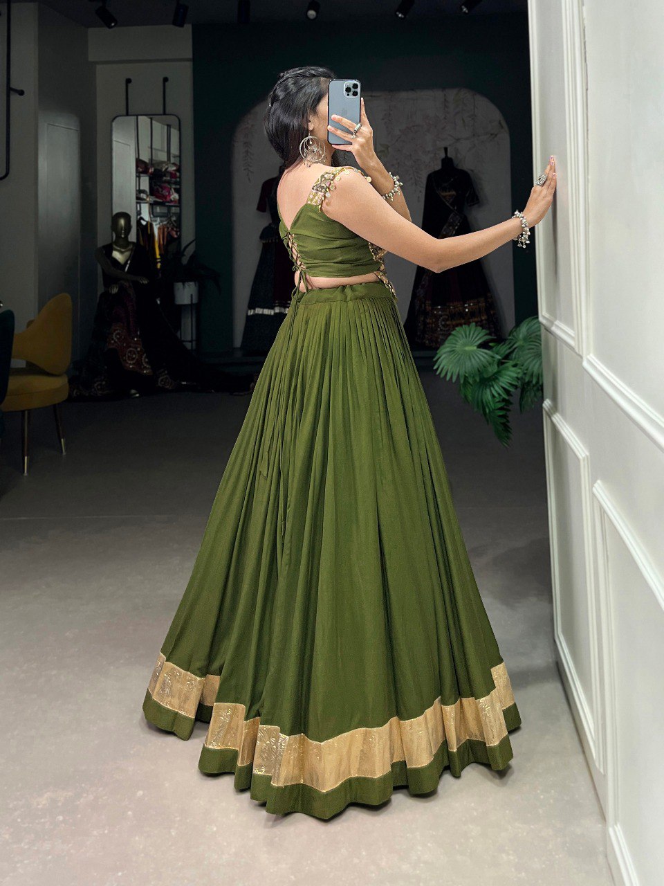 Lorenvalley Green Pure Rayon Plain With Embossed Design Lace Touch Up Lehenga Choli | Grocsy