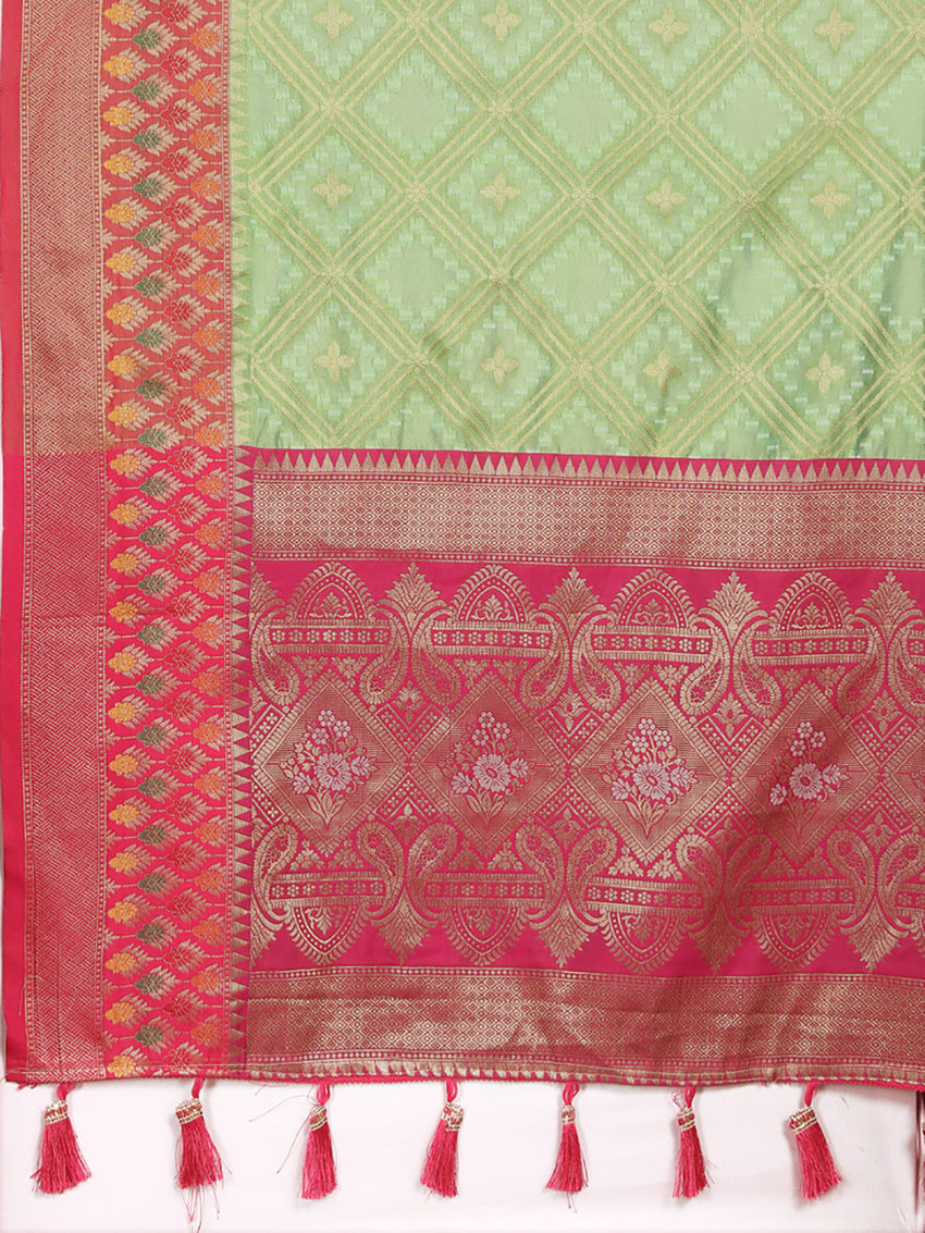 Lorenvalley Fashion Green Organza Silk Woven Design with Rich Meenakari Weaving Pallu Saree | Grocsy
