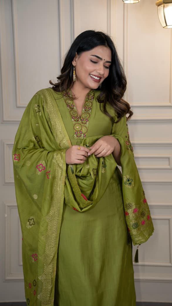 Lorenvalley Fashion Green Roman Silk Embroidery Sequence Work Kurta Pant with Dupatta | Grocsy
