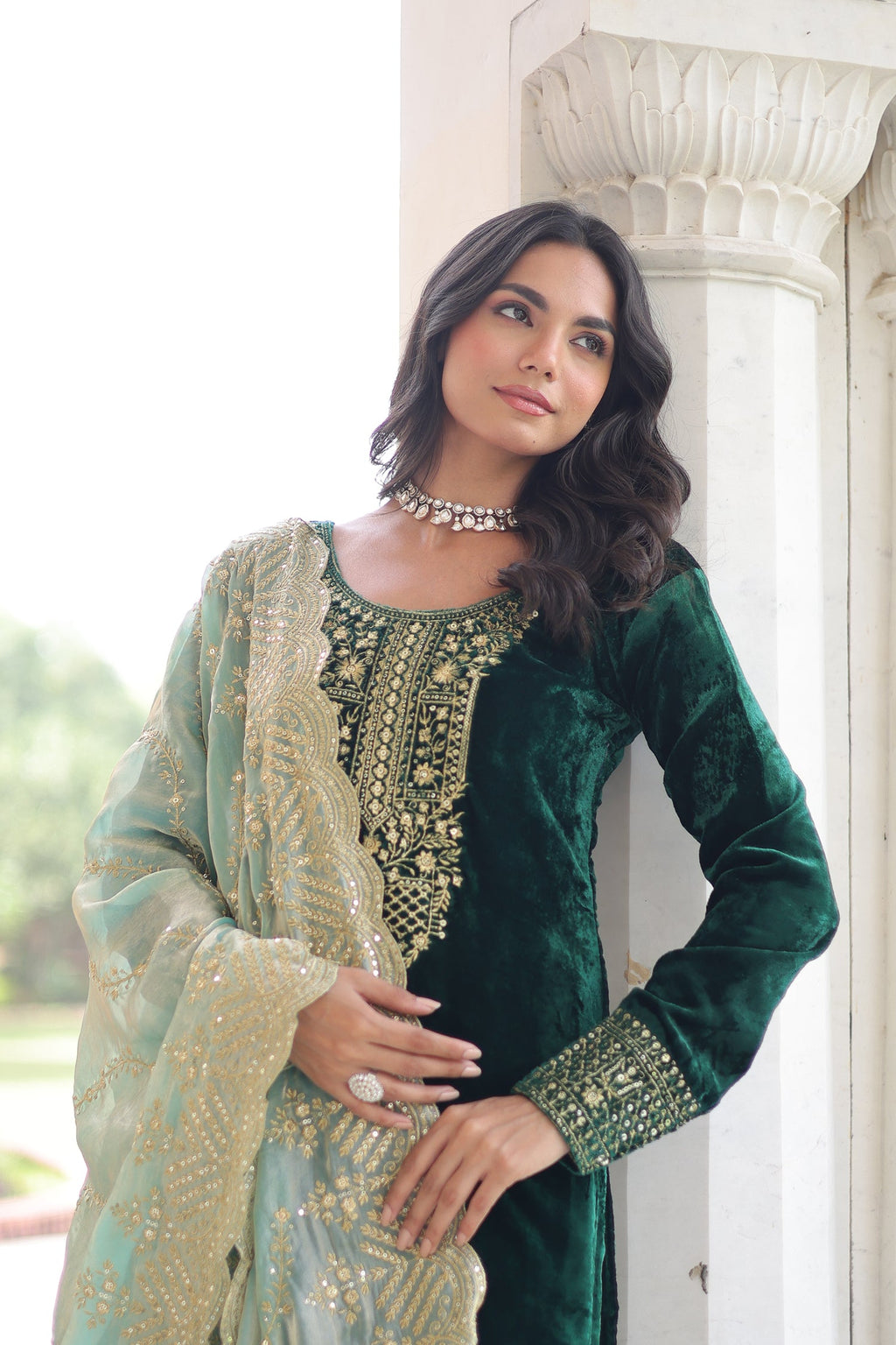 Lorenvalley Fashion Green Velvet with Rich Sequins & Zari Embroidered work Kurta Pant with Dupatta | Grocsy