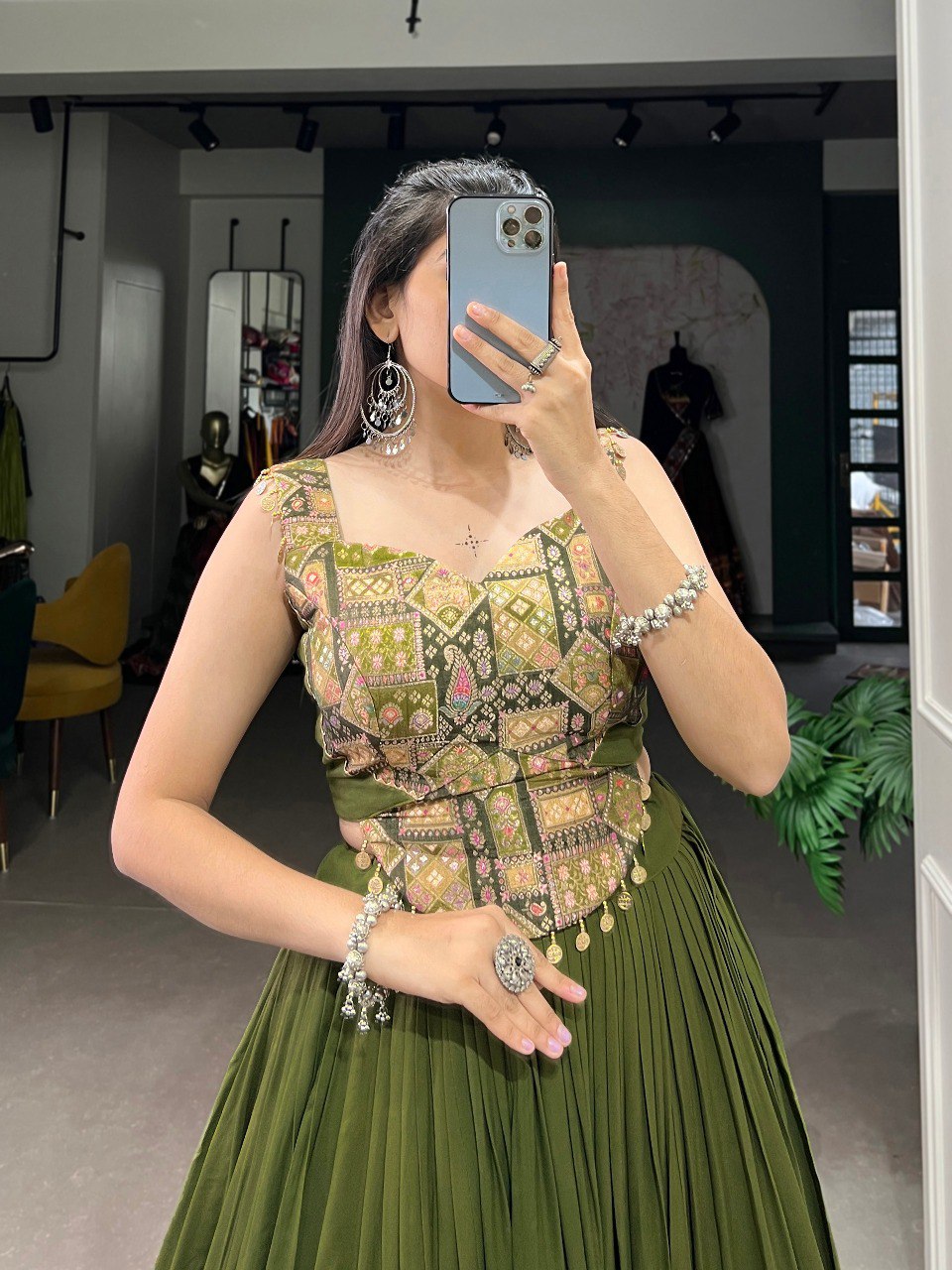 Lorenvalley Green Pure Rayon Plain With Embossed Design Lace Touch Up Lehenga Choli | Grocsy