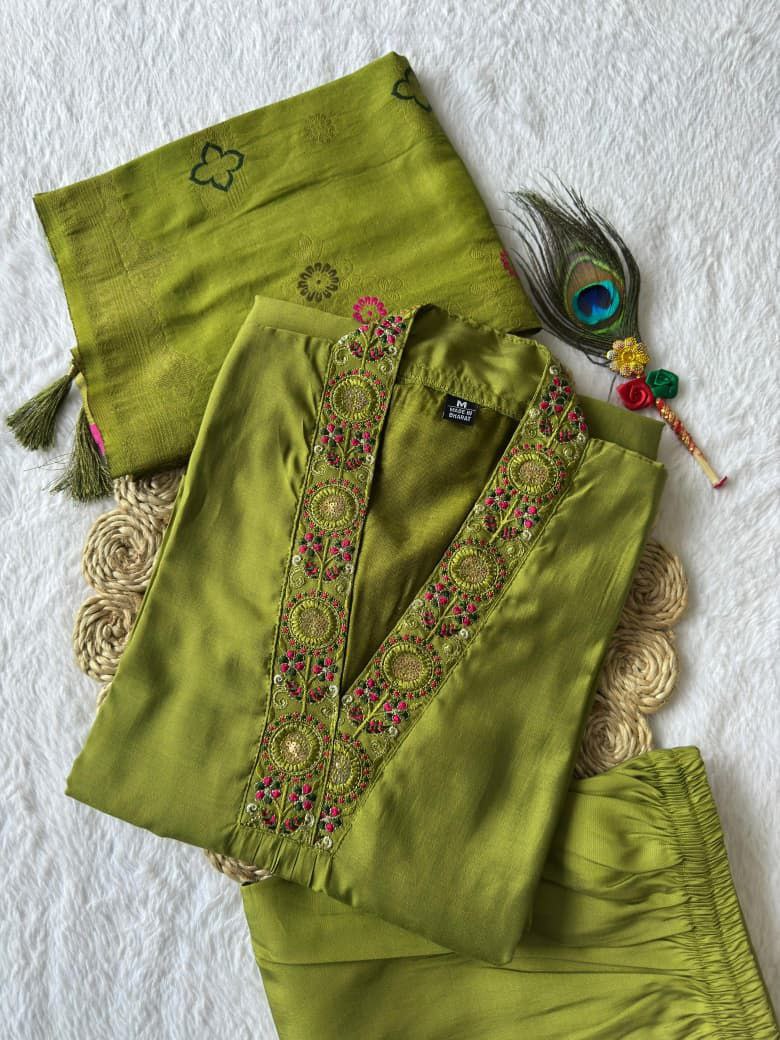 Lorenvalley Fashion Green Roman Silk Embroidery Sequence Work Kurta Pant with Dupatta | Grocsy