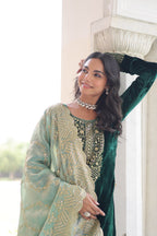 Lorenvalley Fashion Green Velvet with Rich Sequins & Zari Embroidered work Kurta Pant with Dupatta | Grocsy