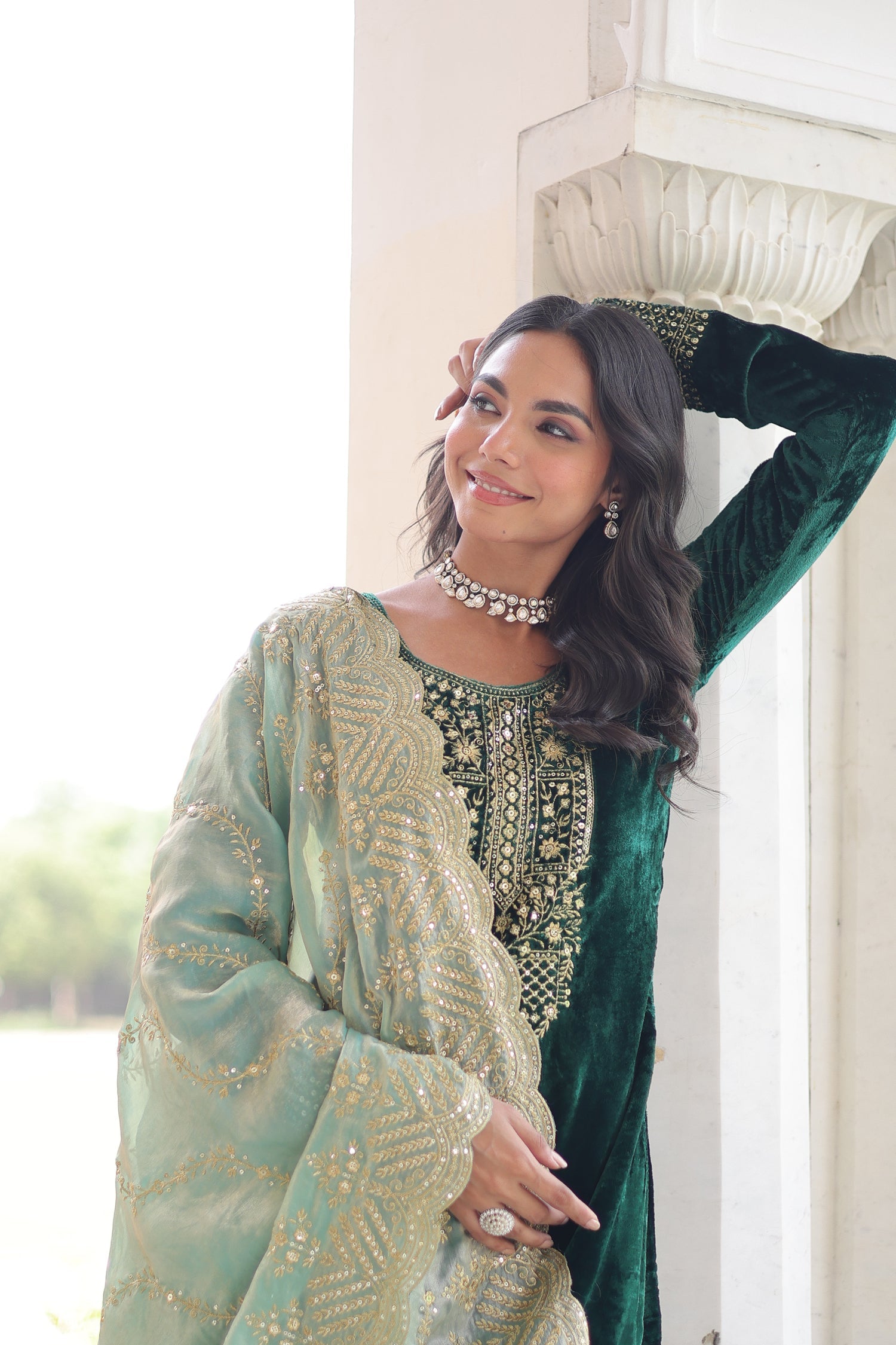 Lorenvalley Fashion Green Velvet with Rich Sequins & Zari Embroidered work Kurta Pant with Dupatta | Grocsy