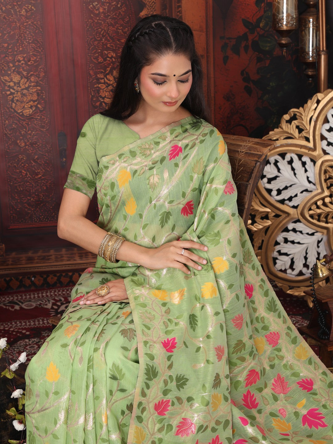 Anaita Green Linen Printed Saree With Blouse | Grocsy