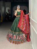 Lorenvalley Dola Silk Green Patola Print With Gamthi Work Lace Border Lehenga Choli with Dupatta | Grocsy