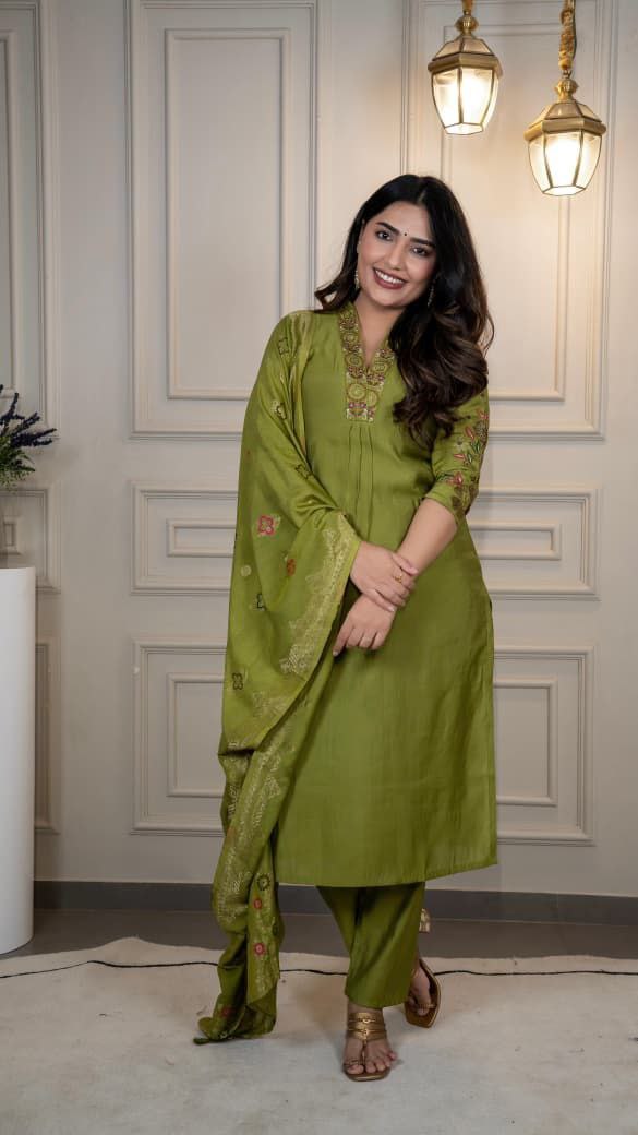 Lorenvalley Fashion Green Roman Silk Embroidery Sequence Work Kurta Pant with Dupatta | Grocsy