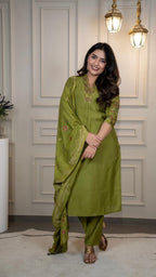 Lorenvalley Fashion Green Roman Silk Embroidery Sequence Work Kurta Pant with Dupatta | Grocsy