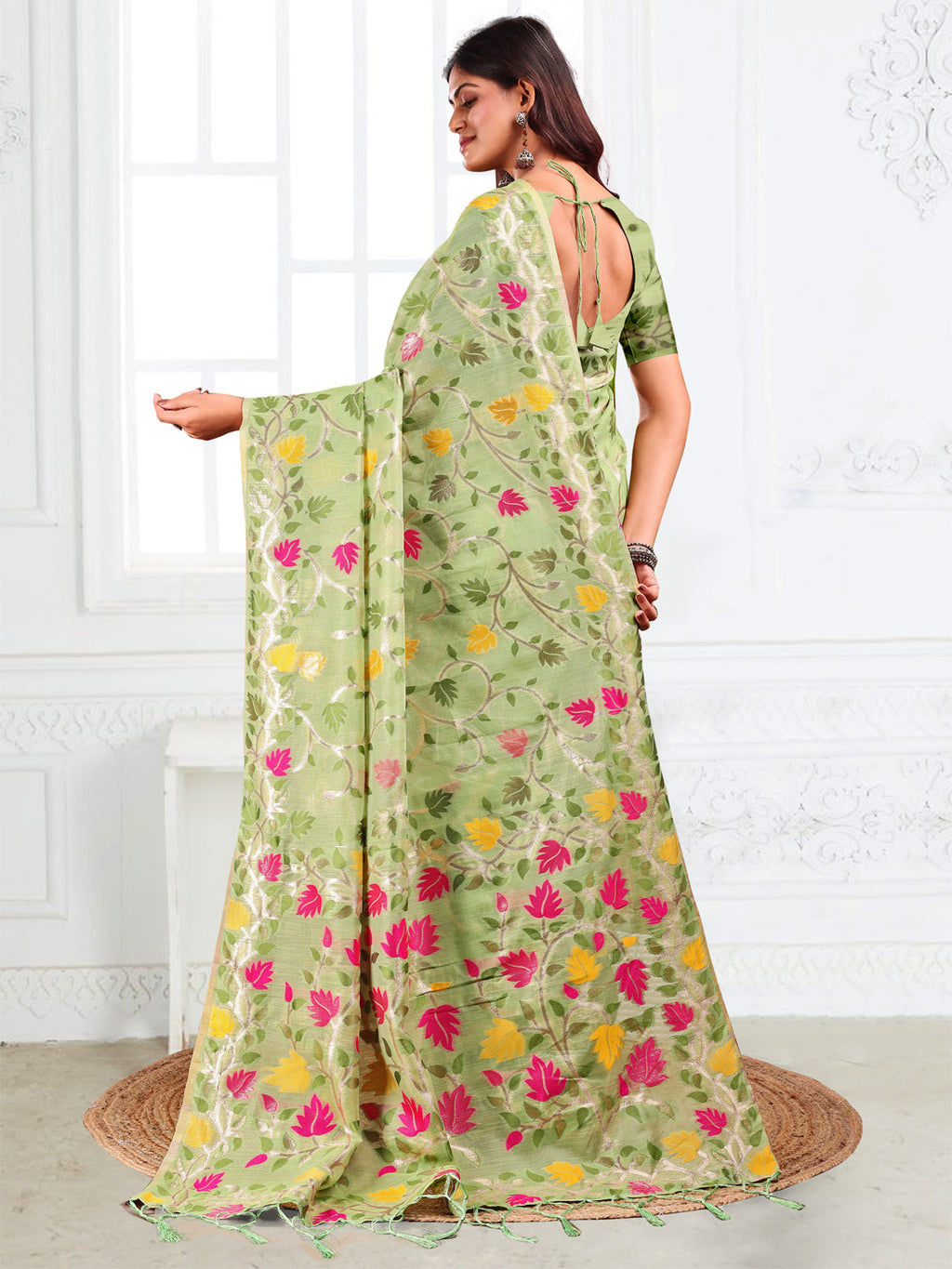 Anaita Green Linen Printed Saree With Blouse | Grocsy