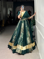 Lorenvalley Green Rayon and Tussar Silk Plain And Printed With Embossed Design Gota Lace Lehenga Choli with Dupatta | Grocsy
