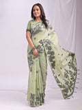 Anaita Green Linen Printed Saree With Blouse | Grocsy