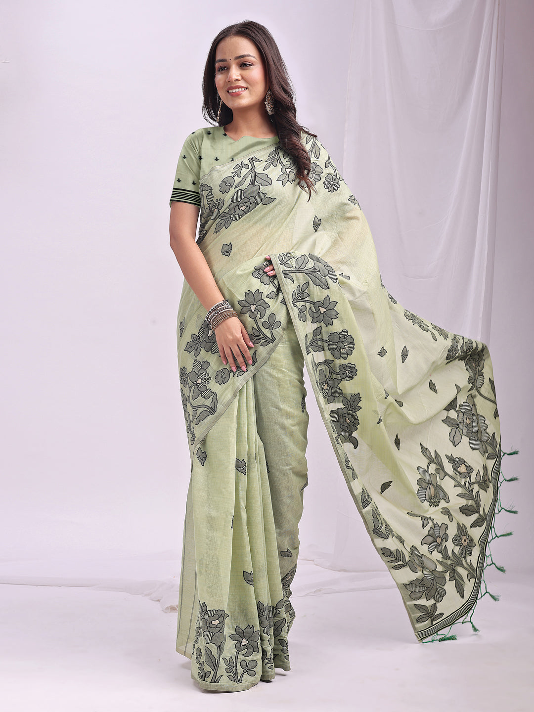 Anaita Green Linen Printed Saree With Blouse | Grocsy