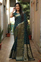 Lorenvalley Premium Pure Handmade Bandhej Kanjivaram silk saree with Zari Weaving Rich Pallu saree - Green | Grocsy