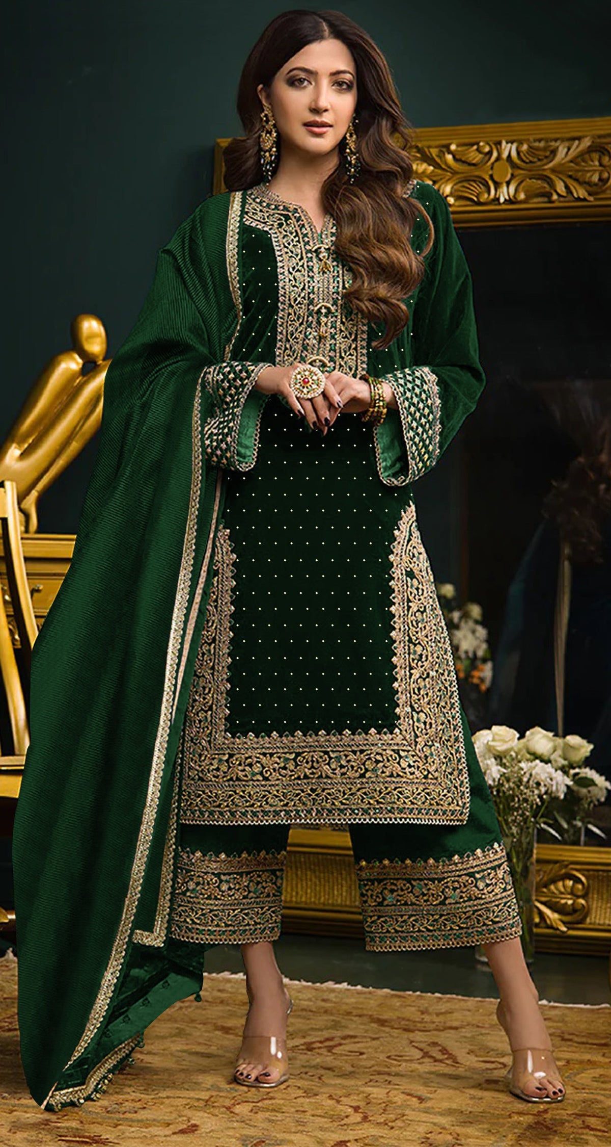 Lorenvalley Fashion Women Green Velvet Embroidered Salwar Suit Material | Grocsy