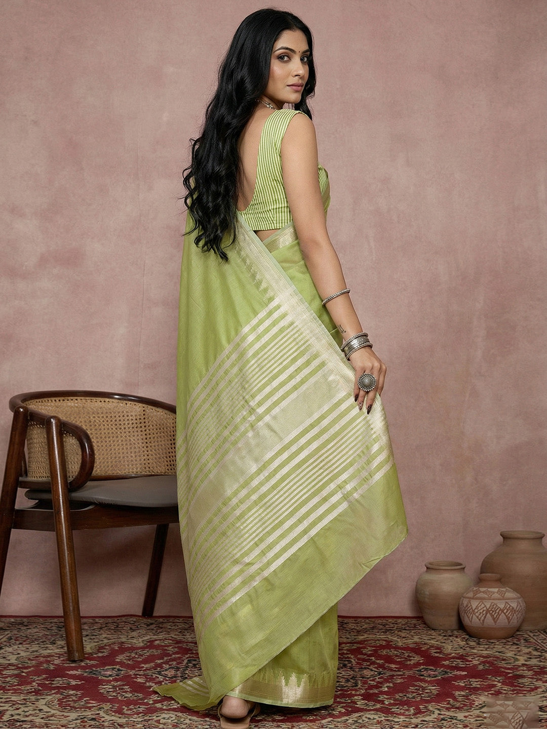 Anaita Green Cotton Saree With Blouse | Grocsy