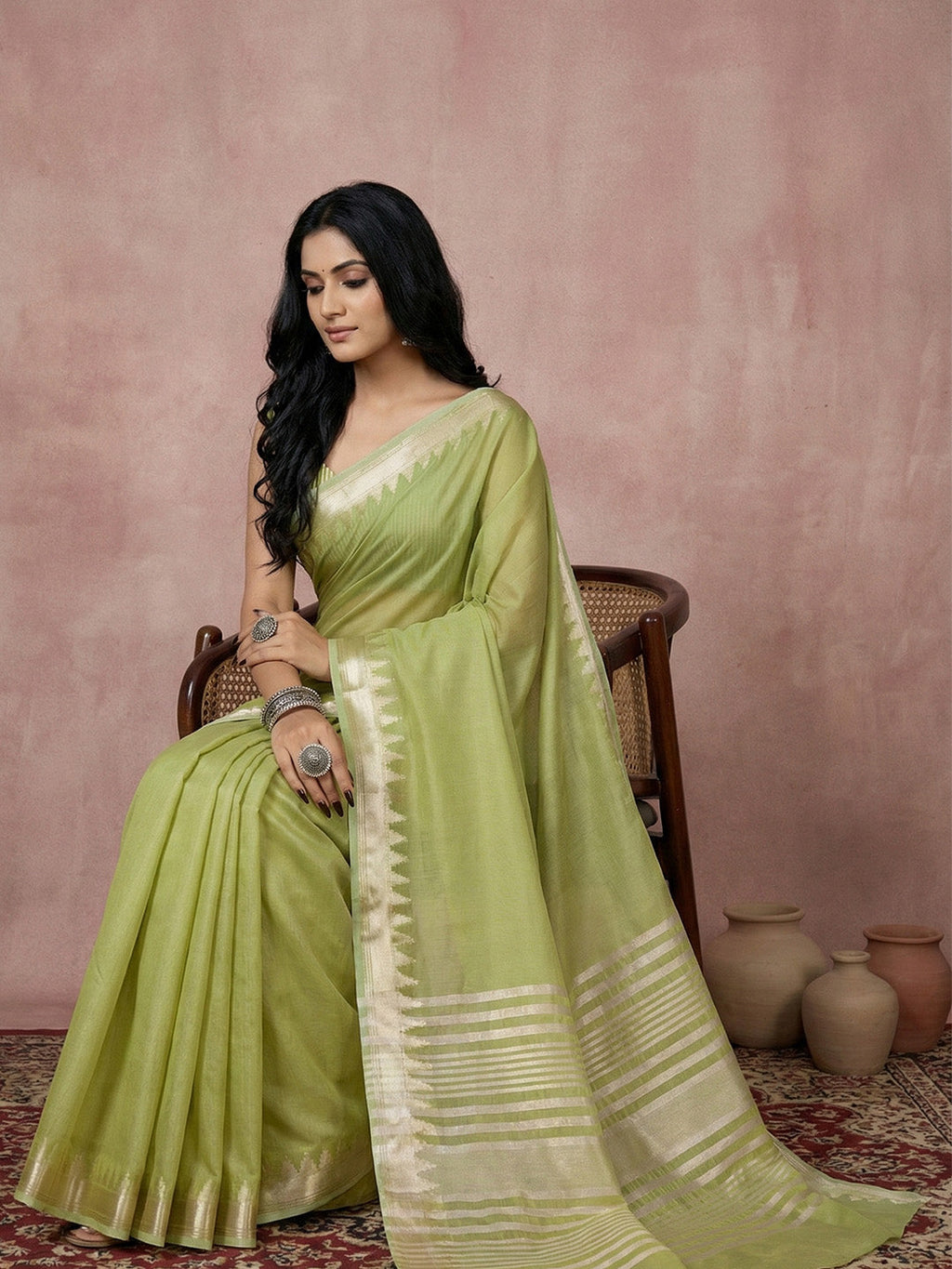 Anaita Green Cotton Saree With Blouse | Grocsy