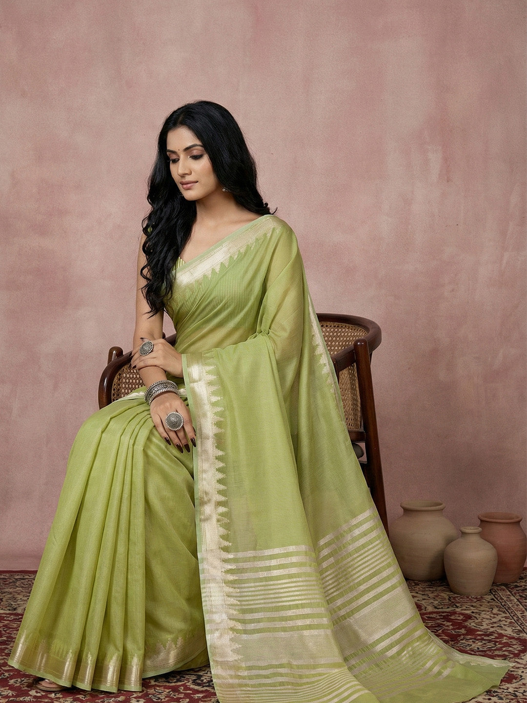 Anaita Green Cotton Saree With Blouse | Grocsy