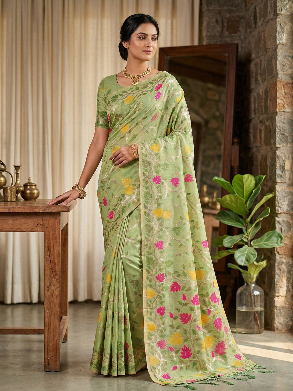 Anaita Green Linen Woven Work Saree With Blouse | Grocsy
