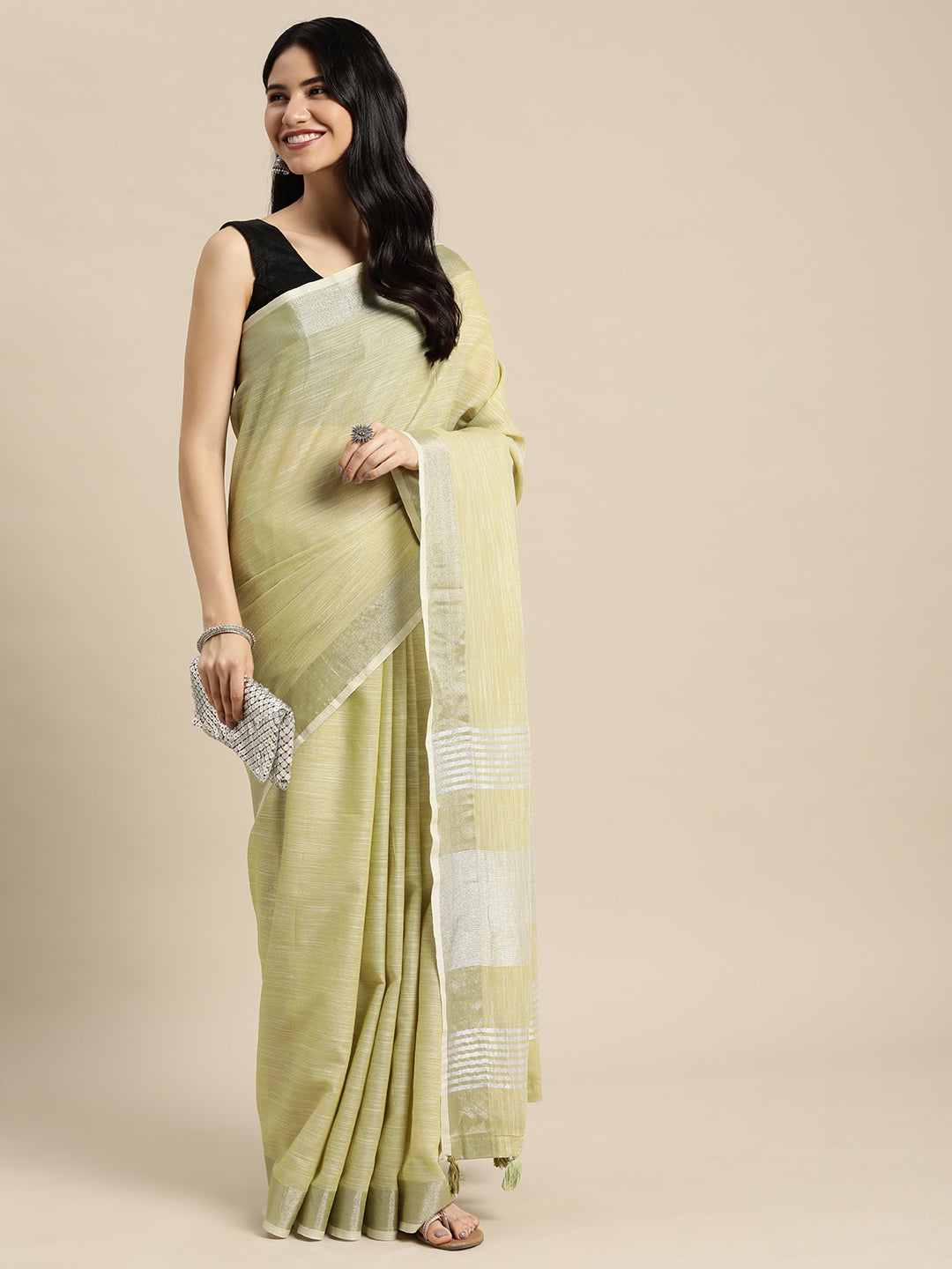 Anaita Green Linen Saree With Blouse | Grocsy