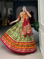 Lorenvalley Green Tussar Silk Patola Print With Foil Work And Original Mirror Gamthi Lace Lehenga Choli with Dupatta | Grocsy