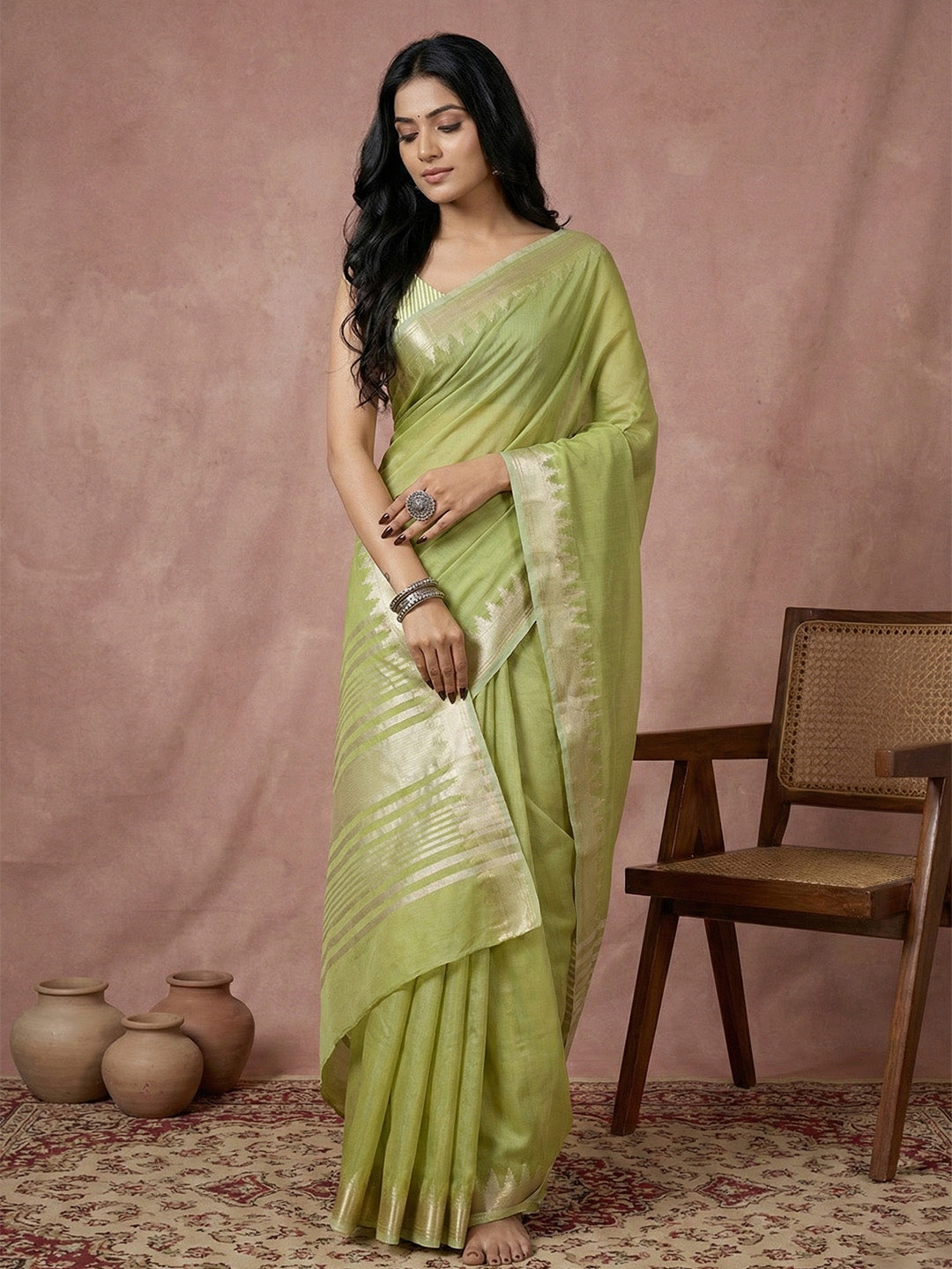 Anaita Green Cotton Saree With Blouse | Grocsy