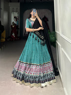 Lorenvalley Green Rayon with Bandhej And Ajarakh Print With Embossed Design Gota Lace Touch up Lehenga Choli | Grocsy