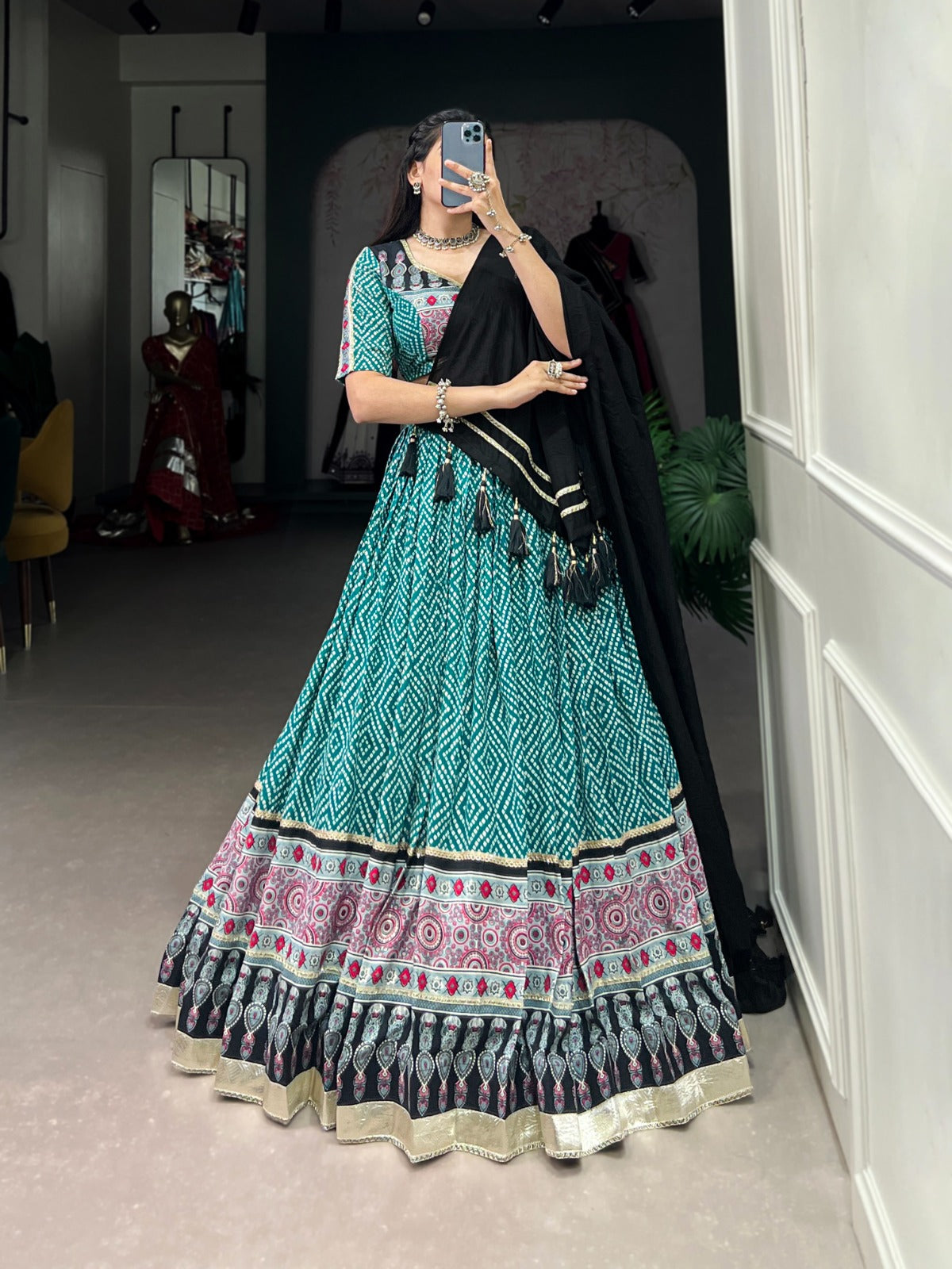 Lorenvalley Green Rayon with Bandhej And Ajarakh Print With Embossed Design Gota Lace Touch up Lehenga Choli | Grocsy