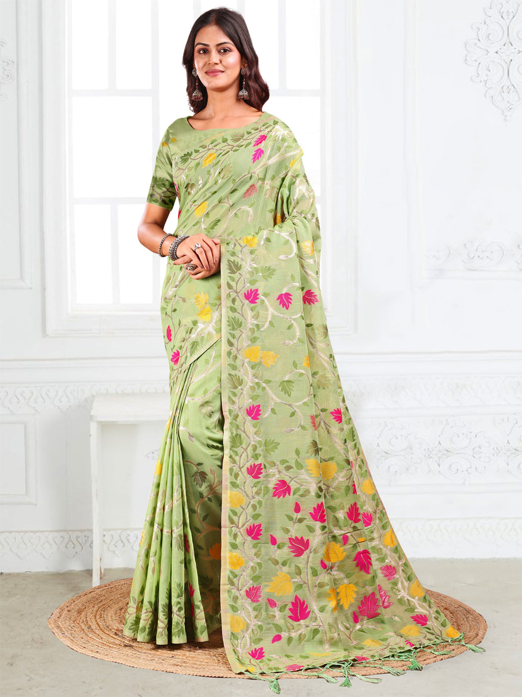 Anaita Green Linen Printed Saree With Blouse | Grocsy