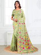 Anaita Green Linen Printed Saree With Blouse | Grocsy