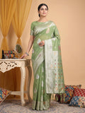 Anaita Green Linen Woven Work Saree With Blouse | Grocsy