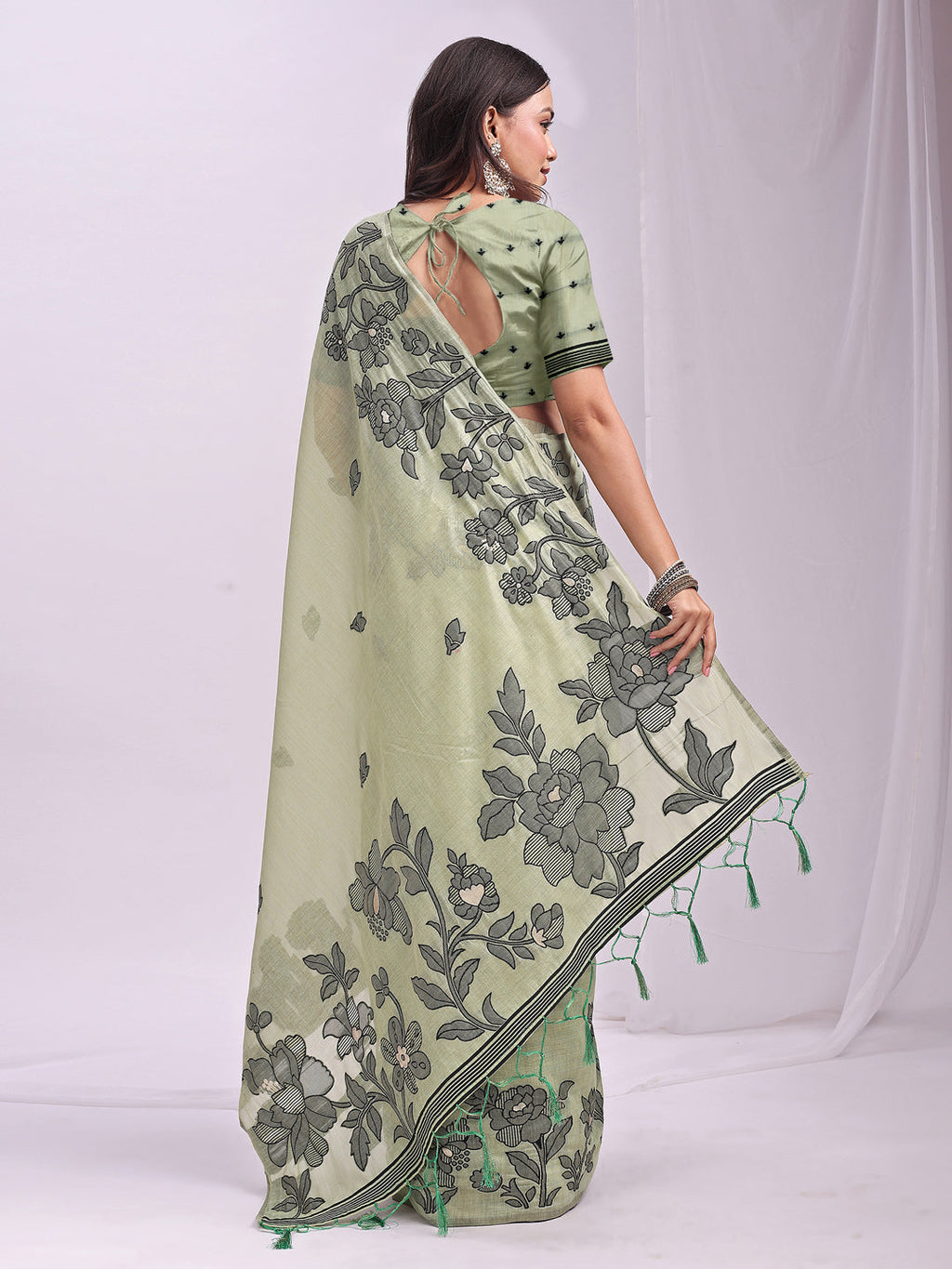 Anaita Green Linen Printed Saree With Blouse | Grocsy