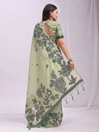 Anaita Green Linen Printed Saree With Blouse | Grocsy