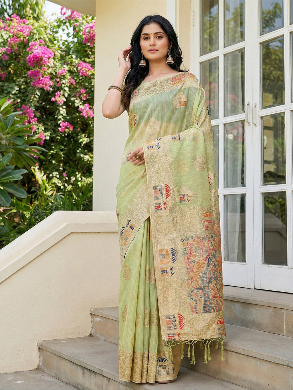 Anaita Green Linen Woven Work Saree With Blouse | Grocsy