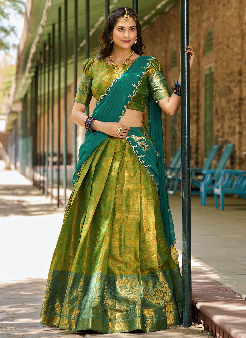 Lorenvalley Green Kanjivaram Silk Zari Weaving Lehenga Choli with Dupatta | Grocsy