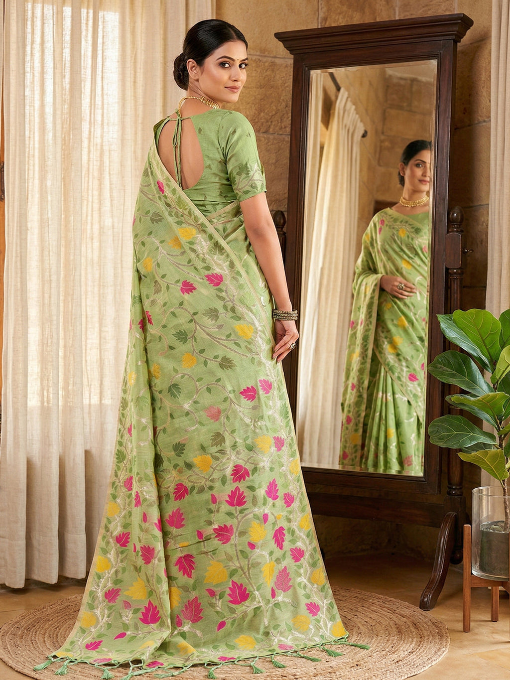 Anaita Green Linen Woven Work Saree With Blouse | Grocsy