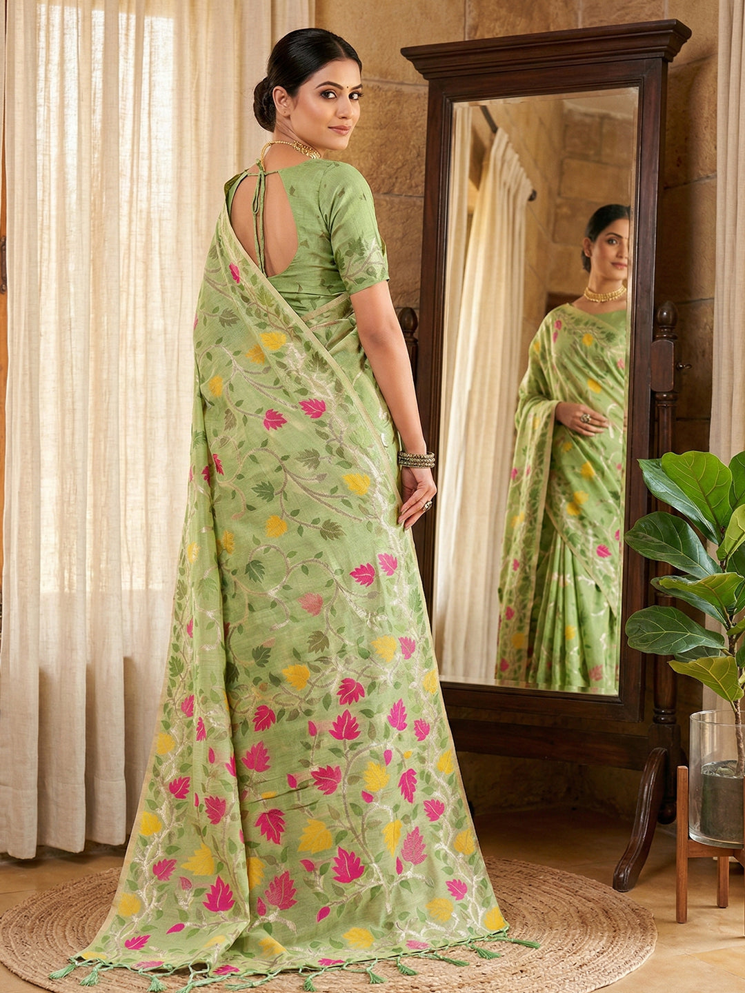 Anaita Green Linen Woven Work Saree With Blouse | Grocsy