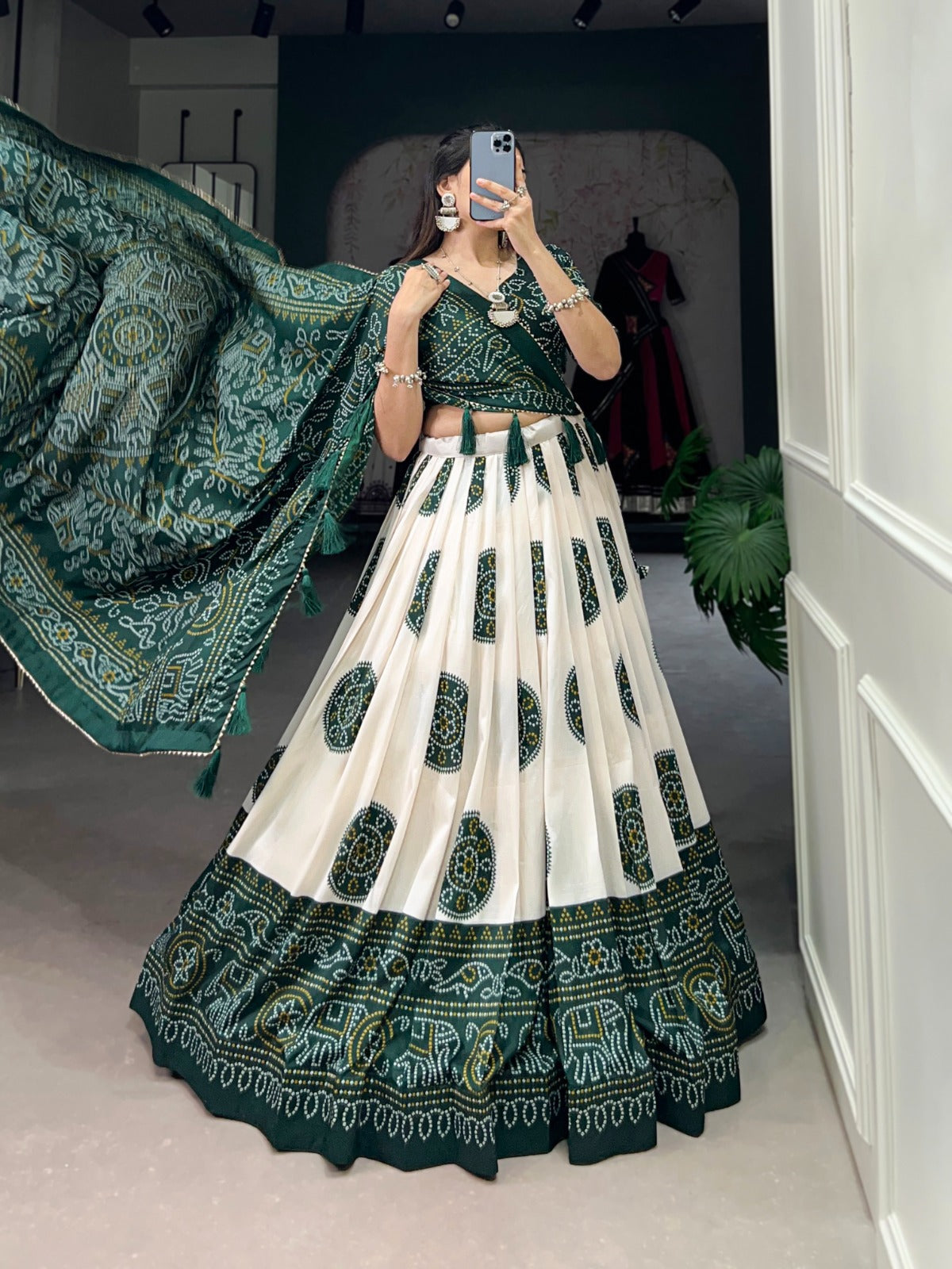 Lorenvalley Green Tussar Silk with Bandhej Print Lehenga Choli | Grocsy