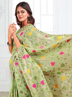 Anaita Green Linen Printed Saree With Blouse | Grocsy